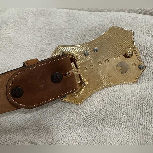 Vintage Eisenhower one dollar double coin buckle Justin black tan leather belt - Picture 8 of 10